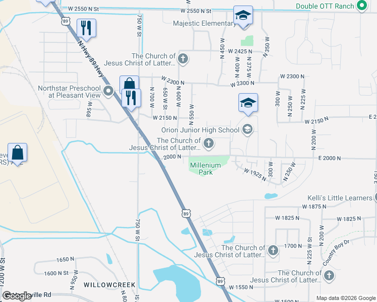 map of restaurants, bars, coffee shops, grocery stores, and more near 524 2000 North in Harrisville