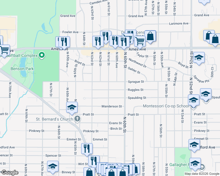 map of restaurants, bars, coffee shops, grocery stores, and more near 4002 North 61st Street in Omaha