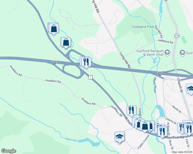 map of restaurants, bars, coffee shops, grocery stores, and more near 1575 Boston Post Road in Guilford