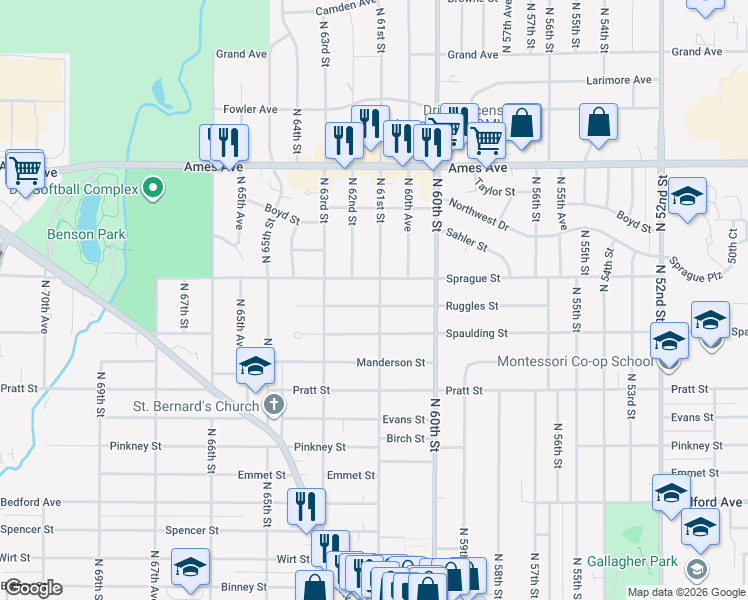 map of restaurants, bars, coffee shops, grocery stores, and more near 4002 North 61st Street in Omaha