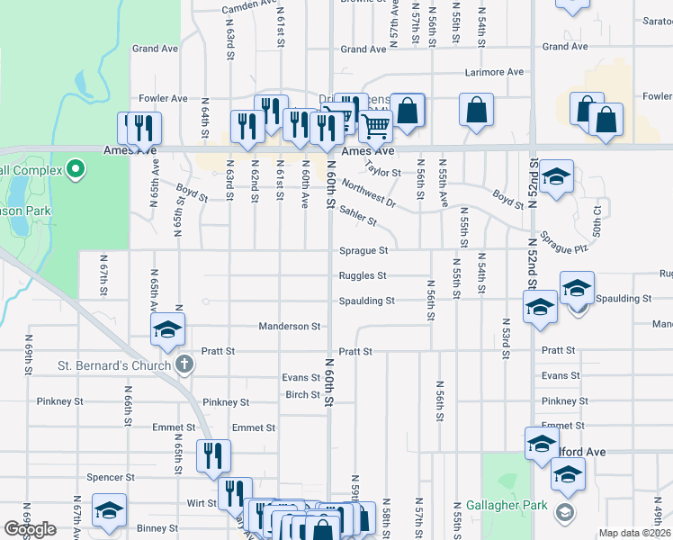 map of restaurants, bars, coffee shops, grocery stores, and more near 5850 Ruggles Street in Omaha
