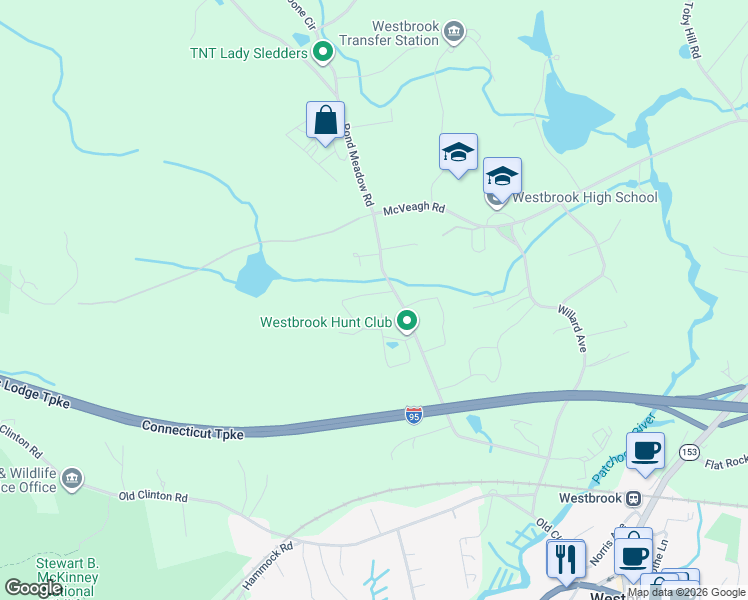 map of restaurants, bars, coffee shops, grocery stores, and more near 343 Pond Meadow Road in Westbrook