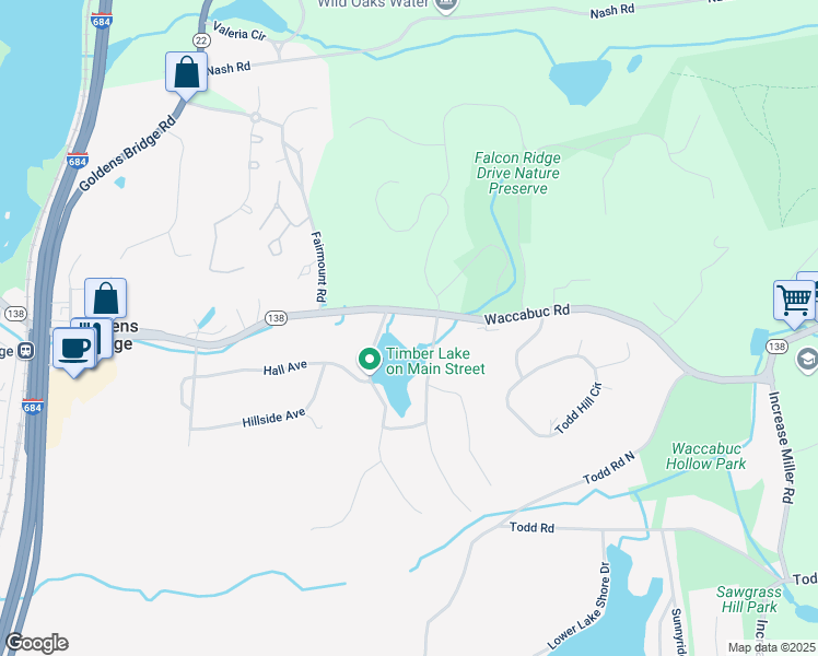 map of restaurants, bars, coffee shops, grocery stores, and more near 270 Waccabuc Road in Goldens Bridge