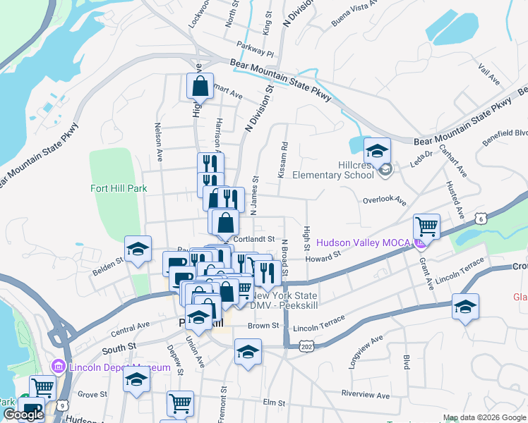 map of restaurants, bars, coffee shops, grocery stores, and more near 1100 Orchard Street in Peekskill