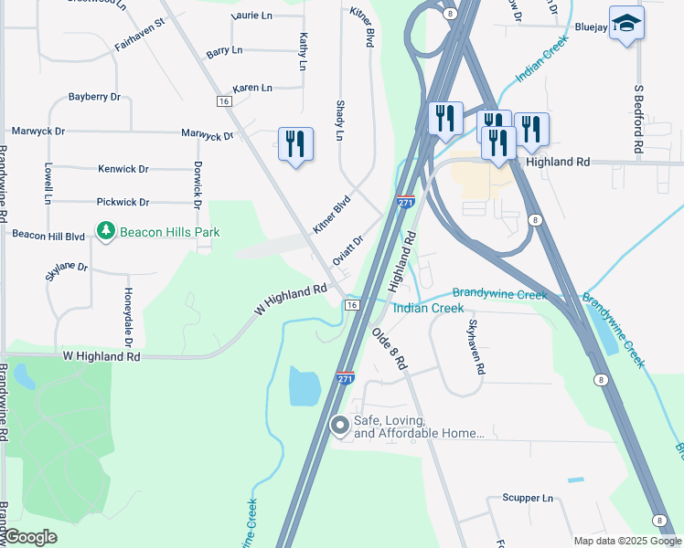 map of restaurants, bars, coffee shops, grocery stores, and more near 8524 Olde 8 Road in Northfield