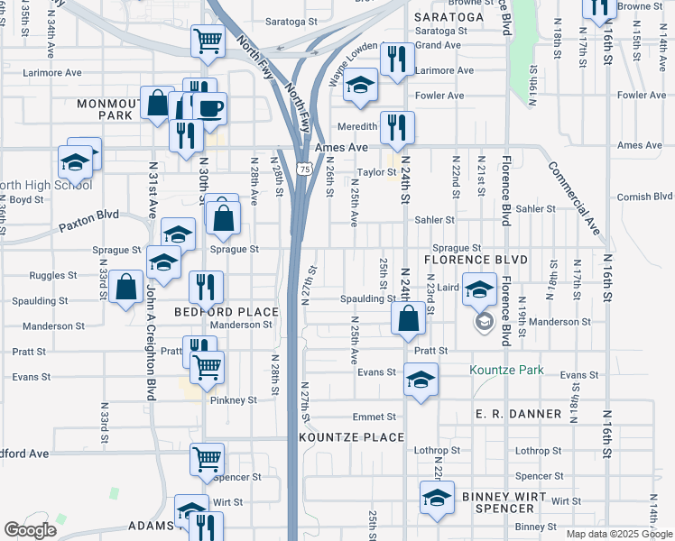 map of restaurants, bars, coffee shops, grocery stores, and more near 3919 North 26th Avenue in Omaha