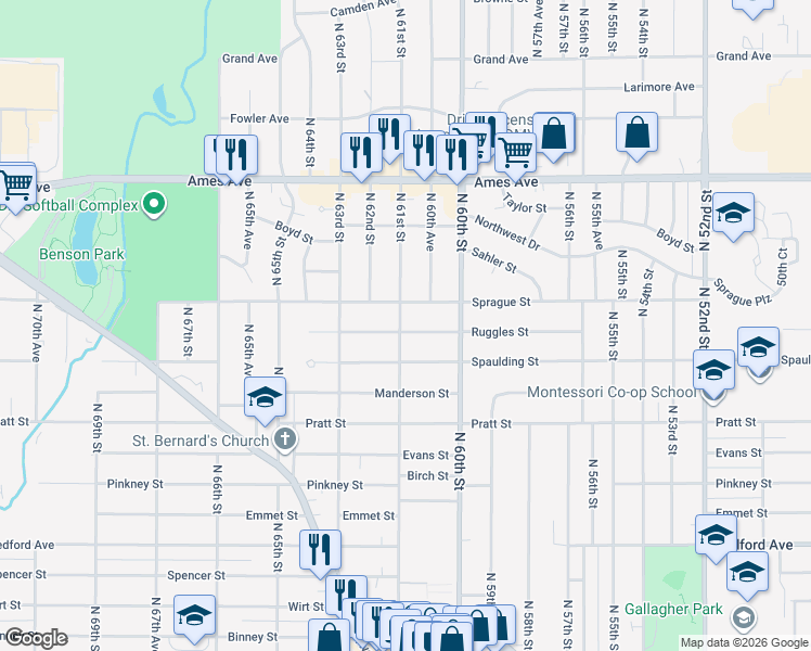 map of restaurants, bars, coffee shops, grocery stores, and more near 4002 North 61st Street in Omaha