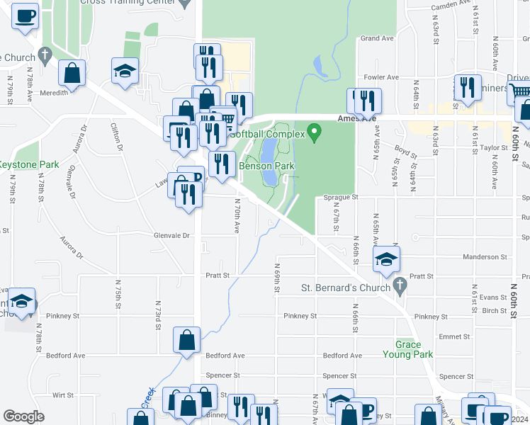 map of restaurants, bars, coffee shops, grocery stores, and more near 6905 Military Avenue in Omaha