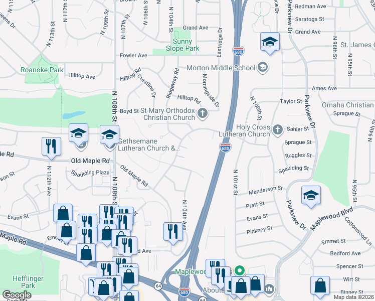 map of restaurants, bars, coffee shops, grocery stores, and more near 10475 Lawndale Plaza in Omaha