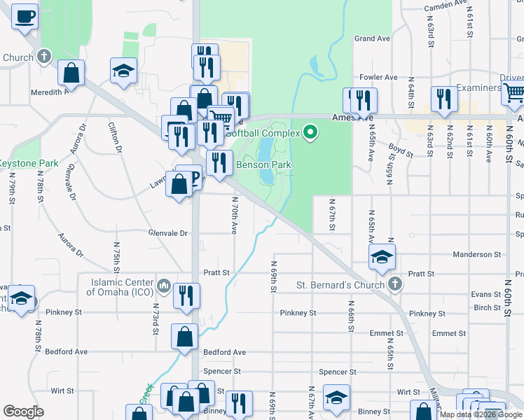 map of restaurants, bars, coffee shops, grocery stores, and more near 6905 Military Avenue in Omaha
