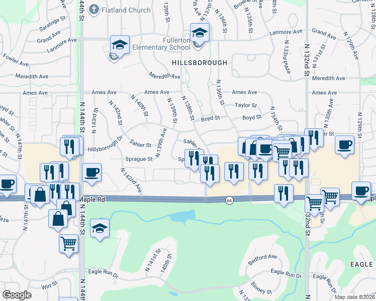 map of restaurants, bars, coffee shops, grocery stores, and more near 4108 138th Avenue Circle in Omaha