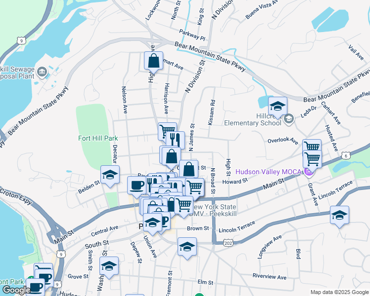 map of restaurants, bars, coffee shops, grocery stores, and more near 1002 Orchard Street in Peekskill