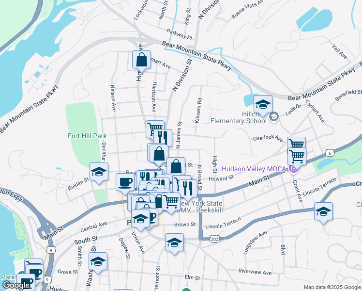 map of restaurants, bars, coffee shops, grocery stores, and more near 1100 Orchard Street in Peekskill