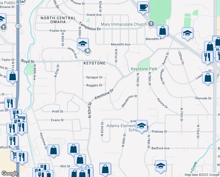 map of restaurants, bars, coffee shops, grocery stores, and more near 8120 Keystone Drive in Omaha