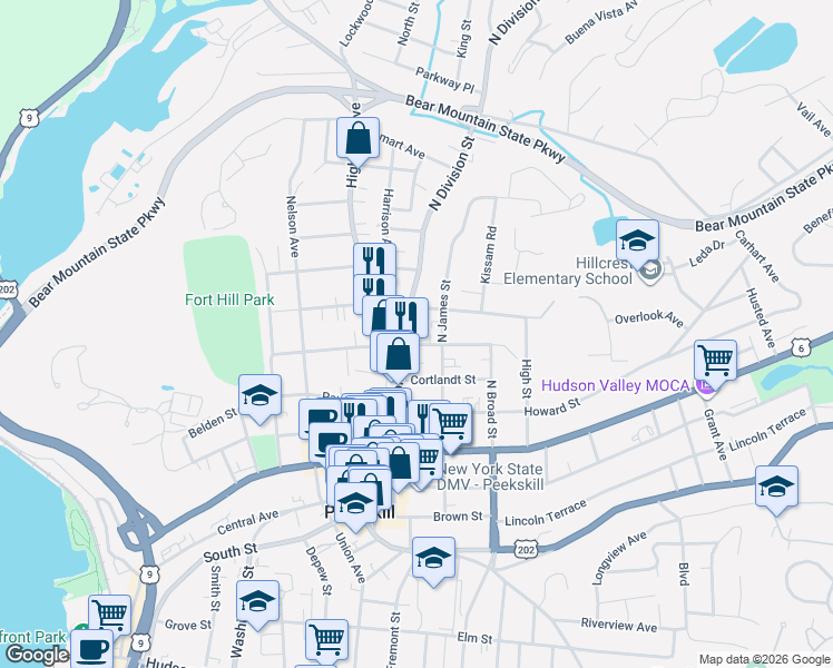 map of restaurants, bars, coffee shops, grocery stores, and more near 1010 Orchard Street in Peekskill