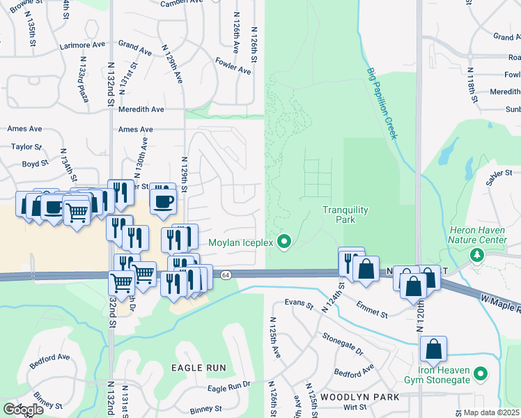 map of restaurants, bars, coffee shops, grocery stores, and more near 12501 Glenvale Plaza in Omaha