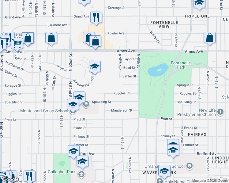 map of restaurants, bars, coffee shops, grocery stores, and more near 4931 Ruggles Street in Omaha