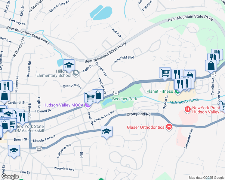 map of restaurants, bars, coffee shops, grocery stores, and more near 1818 Seabury Place in Peekskill