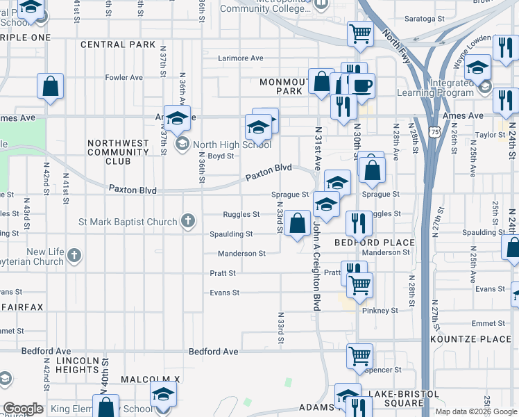 map of restaurants, bars, coffee shops, grocery stores, and more near 3327 Ruggles Street in Omaha