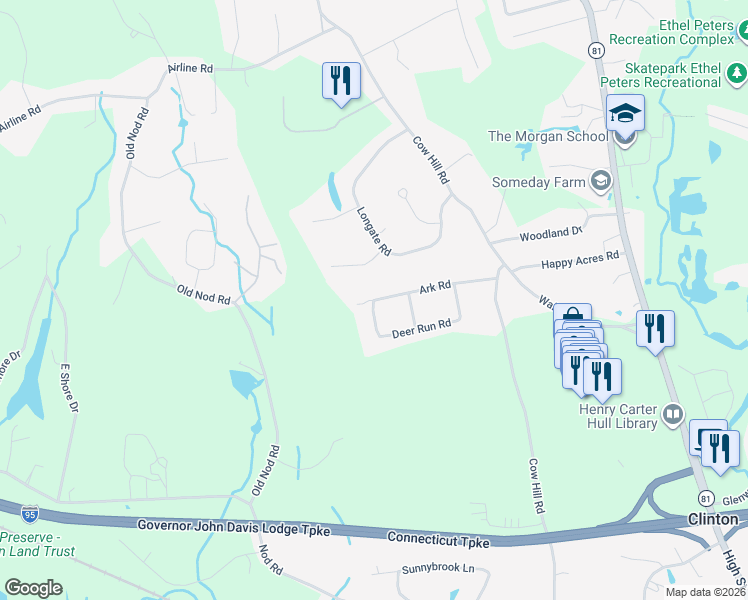map of restaurants, bars, coffee shops, grocery stores, and more near 99 Ark Road in Clinton