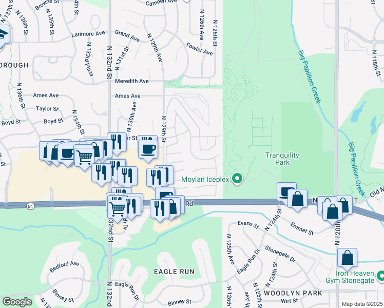 map of restaurants, bars, coffee shops, grocery stores, and more near 3030 North 127th Court in Omaha