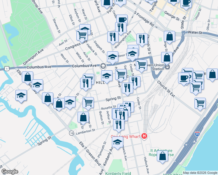 map of restaurants, bars, coffee shops, grocery stores, and more near Dewitt Street & Putnam Street in New Haven
