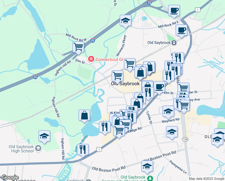 map of restaurants, bars, coffee shops, grocery stores, and more near 19 North Meadow Road in Old Saybrook