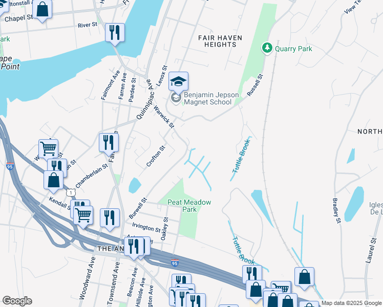 map of restaurants, bars, coffee shops, grocery stores, and more near 215 Burwell Street in New Haven