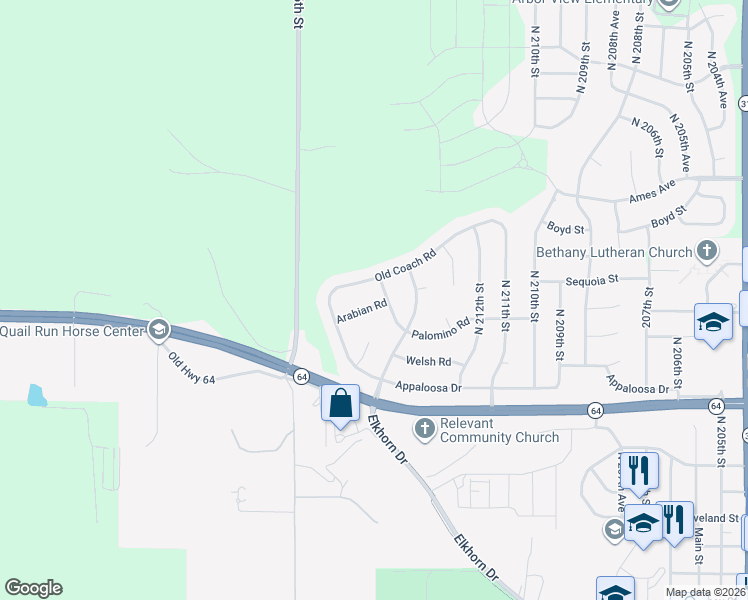 map of restaurants, bars, coffee shops, grocery stores, and more near 21505 Arabian Road in Omaha
