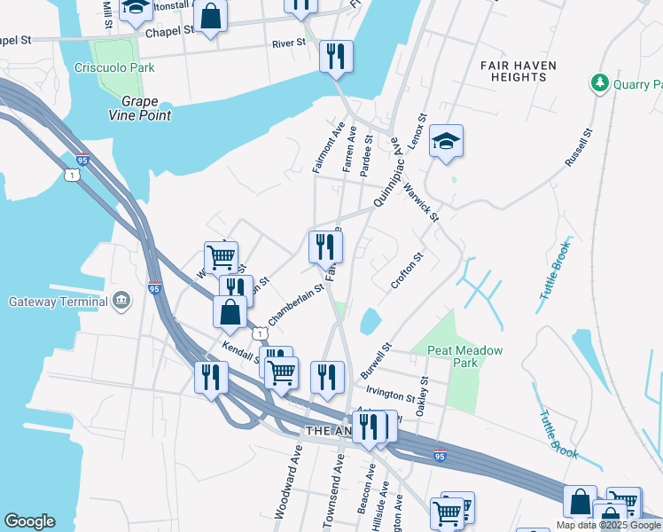map of restaurants, bars, coffee shops, grocery stores, and more near 17 Farren Avenue in New Haven