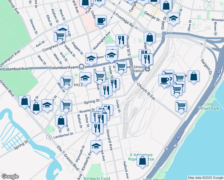 map of restaurants, bars, coffee shops, grocery stores, and more near 118 Cedar Street in New Haven