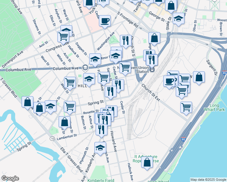 map of restaurants, bars, coffee shops, grocery stores, and more near 120 Cedar Street in New Haven
