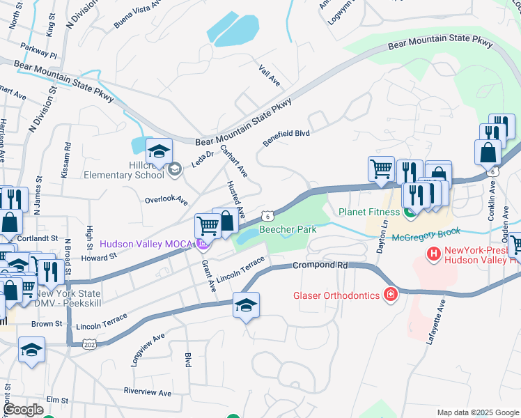 map of restaurants, bars, coffee shops, grocery stores, and more near 1818 Seabury Place in Peekskill