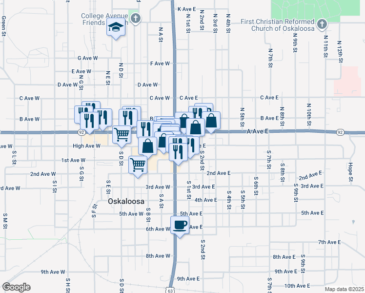 map of restaurants, bars, coffee shops, grocery stores, and more near 106 1st Avenue East in Oskaloosa