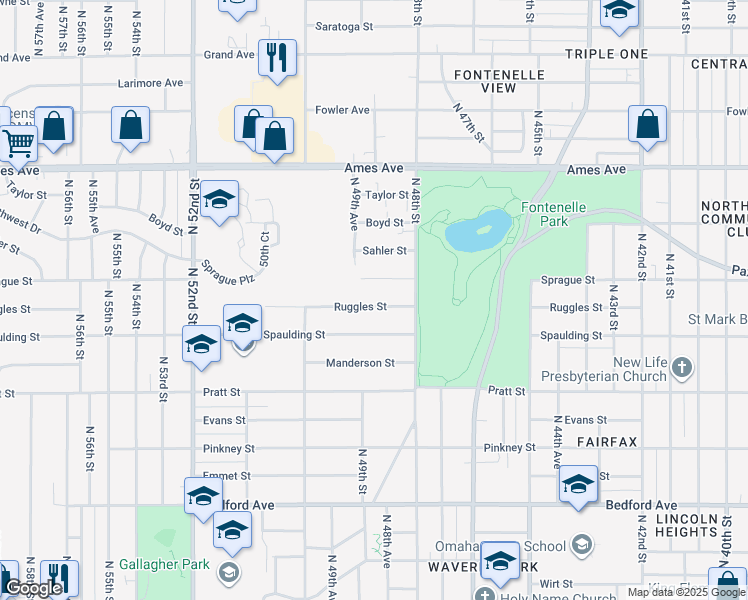 map of restaurants, bars, coffee shops, grocery stores, and more near 4905 Ruggles Street in Omaha