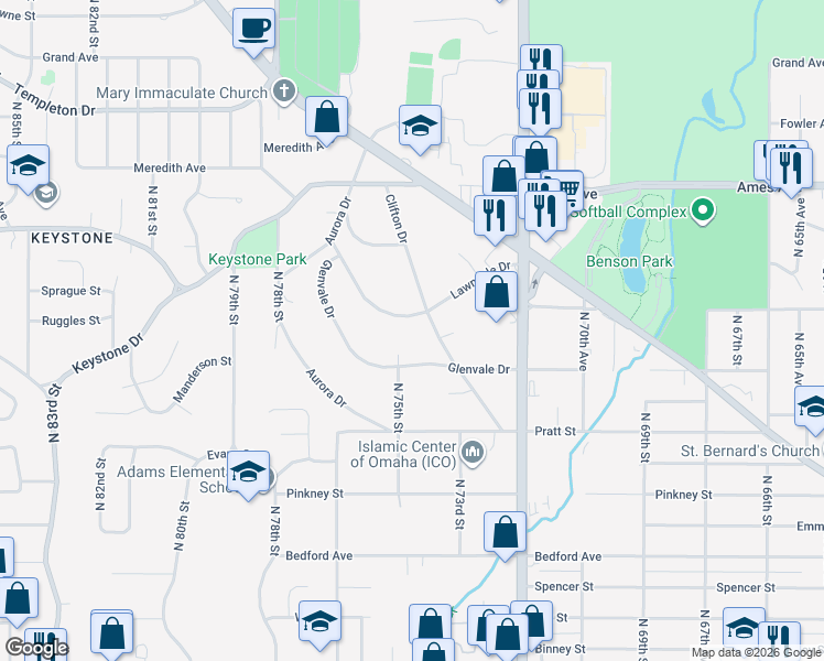 map of restaurants, bars, coffee shops, grocery stores, and more near 7430 Glenvale Drive in Omaha