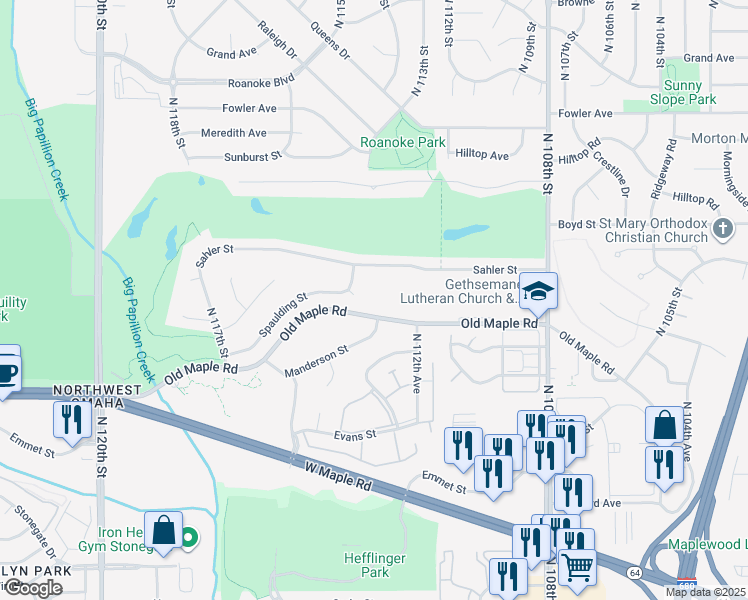 map of restaurants, bars, coffee shops, grocery stores, and more near 11336 Old Maple Road in Omaha