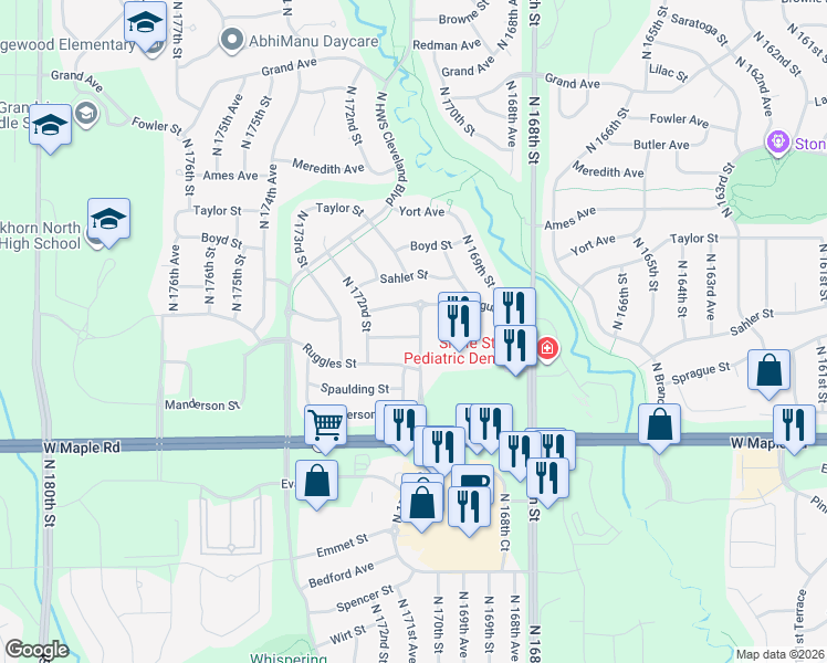 map of restaurants, bars, coffee shops, grocery stores, and more near 17105 Barnett Street in Omaha