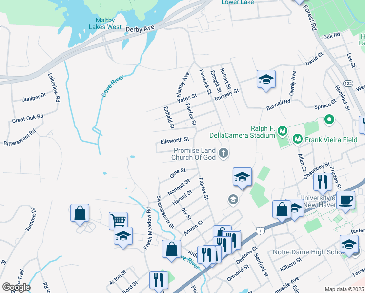 map of restaurants, bars, coffee shops, grocery stores, and more near 36 Ashford Street in West Haven