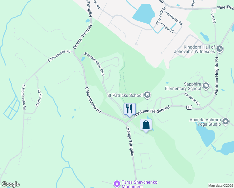 map of restaurants, bars, coffee shops, grocery stores, and more near 34 Mansion Ridge Boulevard in Monroe