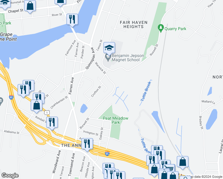map of restaurants, bars, coffee shops, grocery stores, and more near 210 Burwell Street in New Haven