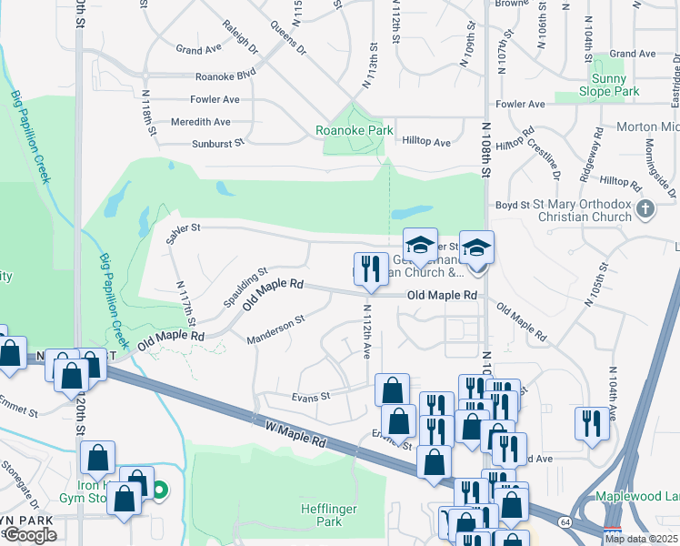 map of restaurants, bars, coffee shops, grocery stores, and more near 11336 Old Maple Road in Omaha