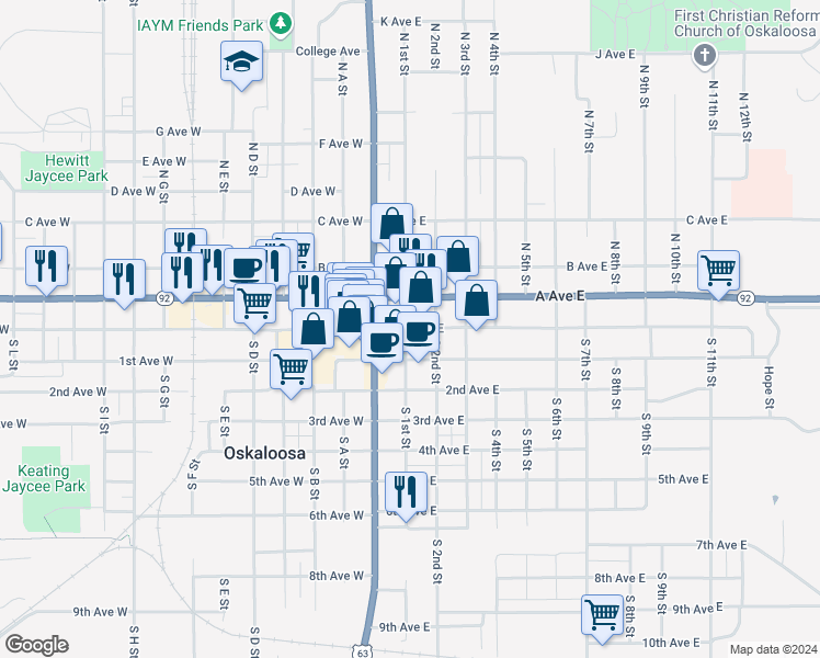map of restaurants, bars, coffee shops, grocery stores, and more near 214 High Avenue East in Oskaloosa