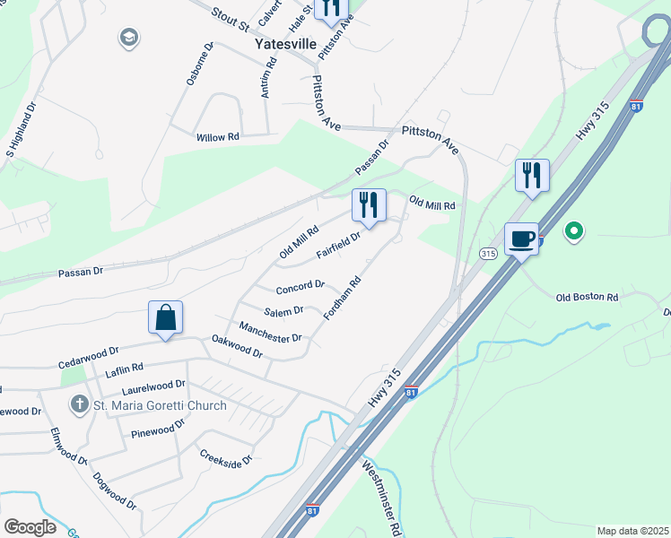 map of restaurants, bars, coffee shops, grocery stores, and more near 19 Fairfield Drive in Wilkes-Barre
