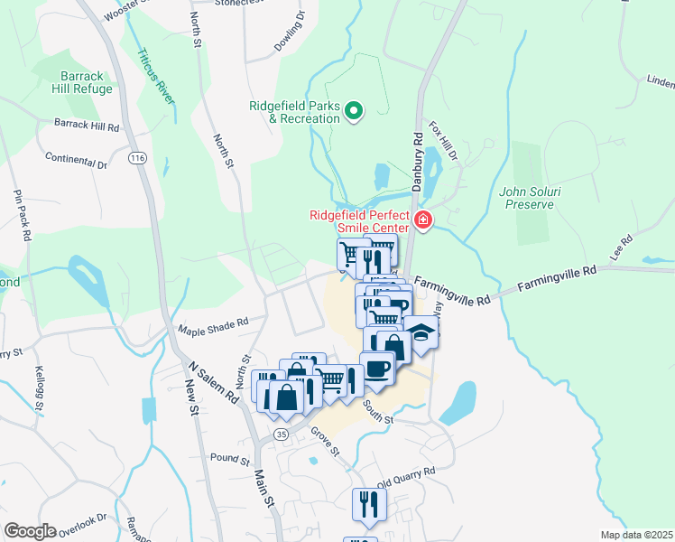 map of restaurants, bars, coffee shops, grocery stores, and more near 50 Copps Hill Road in Ridgefield