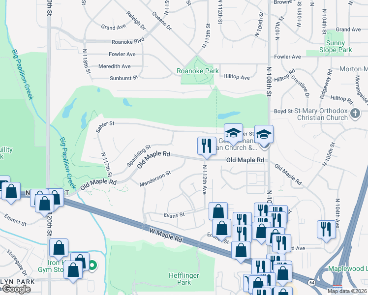 map of restaurants, bars, coffee shops, grocery stores, and more near 11336 Old Maple Road in Omaha