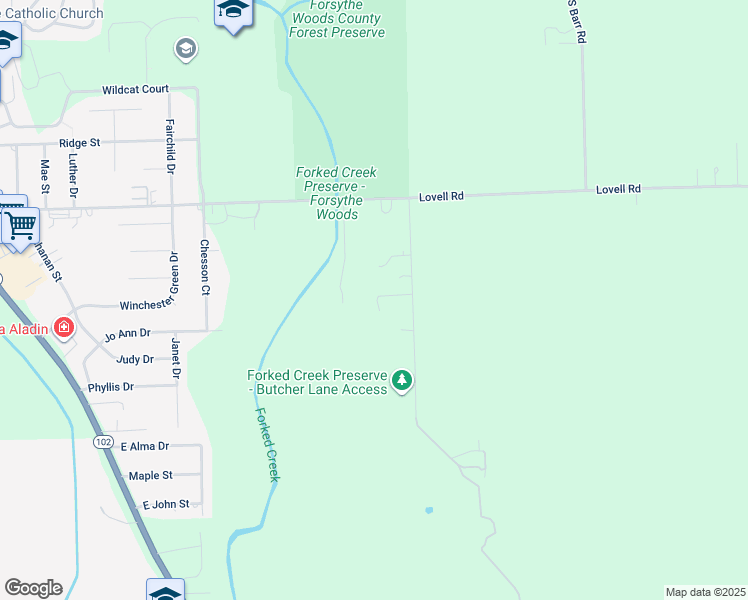 map of restaurants, bars, coffee shops, grocery stores, and more near 32466 South Butcher Lane in Wilmington