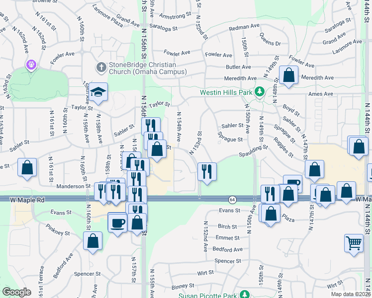 map of restaurants, bars, coffee shops, grocery stores, and more near 3915 Ruggles Street in Omaha