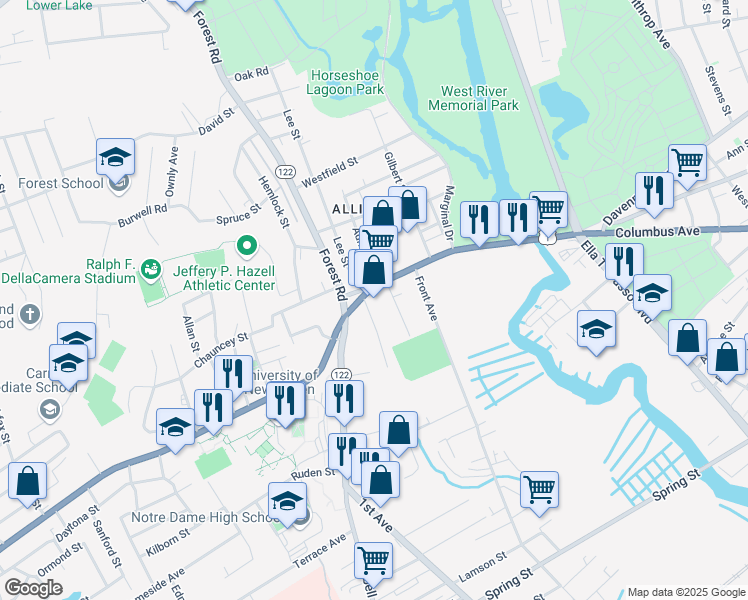 map of restaurants, bars, coffee shops, grocery stores, and more near 144 Taft Avenue in West Haven