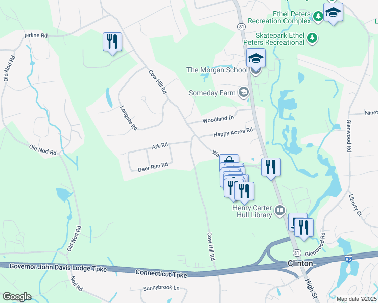 map of restaurants, bars, coffee shops, grocery stores, and more near 83 Cow Hill Road in Clinton